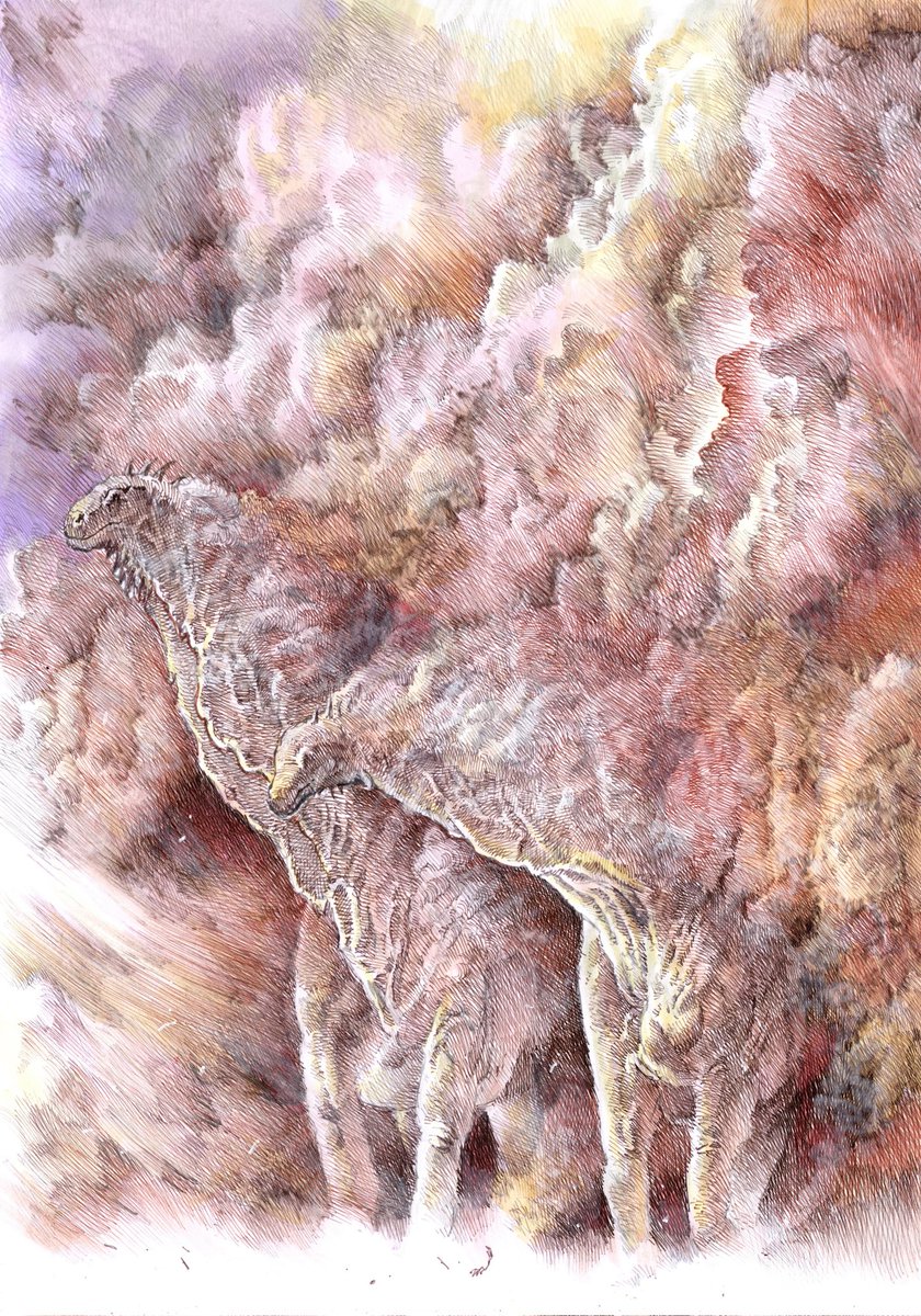 sharkbitesteve's tweet photo. Shai-Hulud-osaurus

A pair of sauropods emerge from a sandstorm. Inspired by the sandworms of Dune 2. 

A4. Original available. https://t.co/9V9TkxcEKy
