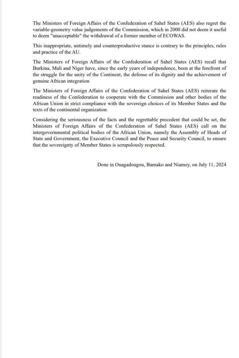 Joint Statement by the Ministers of Foreign Affairs of the Confederation of Sahel States, following the inappropriate declaration by the African Union Commissioner for Political Affairs, Peace and Security, at the 65th Ordinary Session of the Conference of Heads of State and