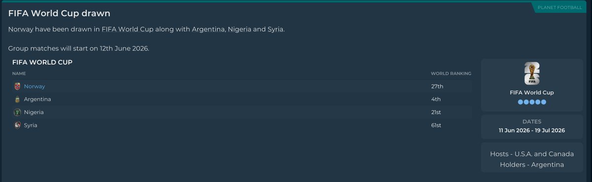 Cameron__FM's tweet image. My first World Cup since "From East to West" blog back on #FM22!

Argentina and Nigeria certainly make the group interesting, got to fancy Haaland battering these defences though!
