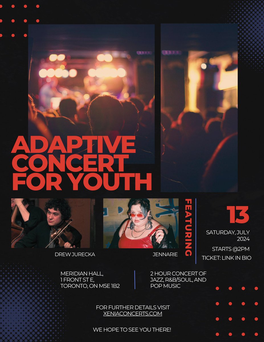 Join us this Saturday at Meridian Hall, Toronto for an Adaptive Concert for Youth with Drew Jurecka &amp; Jennarie! Check the flyer for details and click the link for tickets bit.ly/4cyI09d See you there! @XeniaConcerts