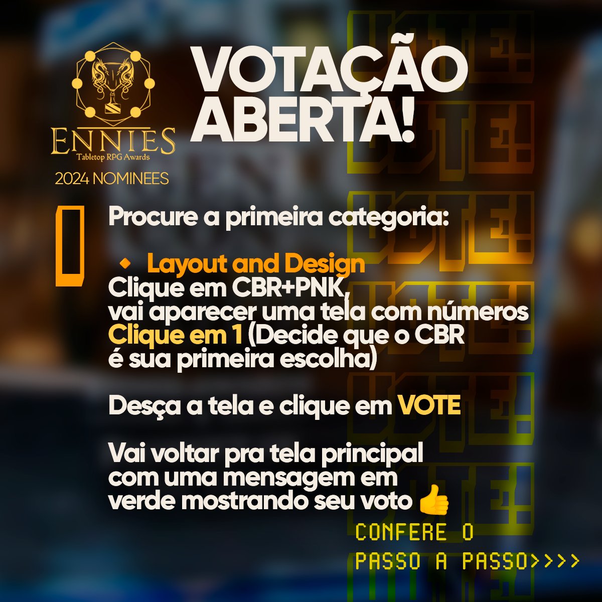 SecularGames's tweet image. Vamos de novo, dessa vez com a orientação correta! Escolham 1!!!!
Acessem o vote.ennie-awards.com/vote/2024/ e votem com todos os IPs que tiverem! Sigam o Passo a Passo das imagens! Compartilhem sem o mínimo pudor.

Até o fim da votação, VAMOS GANHAR!!!!