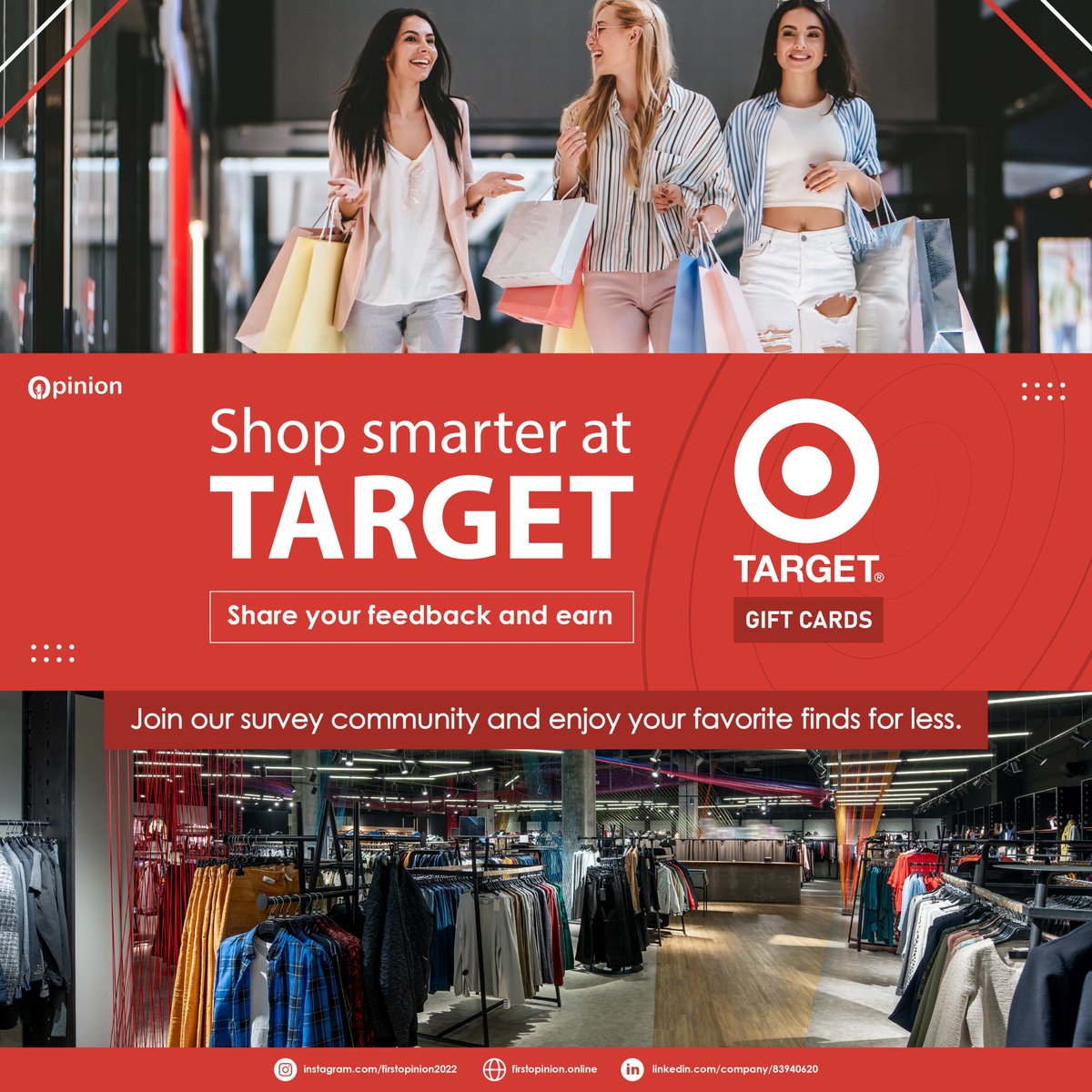 firstopinion21's tweet image. Shop smarter at Target! Share your feedback and earn Target gift cards. Join our survey community and enjoy your favorite finds for less.
Join Now: firstopinion.online/Account/Index?…

#TargetDeals #SurveyRewards #ShopTarget