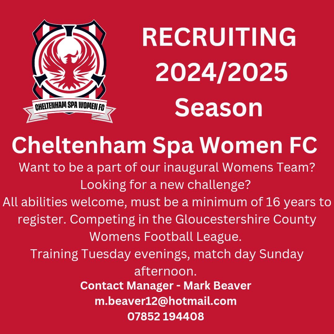 CheltSpaWFC's tweet photo. 👥 Our Women’s team are still looking for a few extra players to bolster the team ahead of the new season!

📞 Contact Mark on the details below if you’re interested!

#CSWFC #NewChallenge #NewTeam #Recruiting #Cheltenham #Gloucestershire https://t.co/3qgkkZLyKt