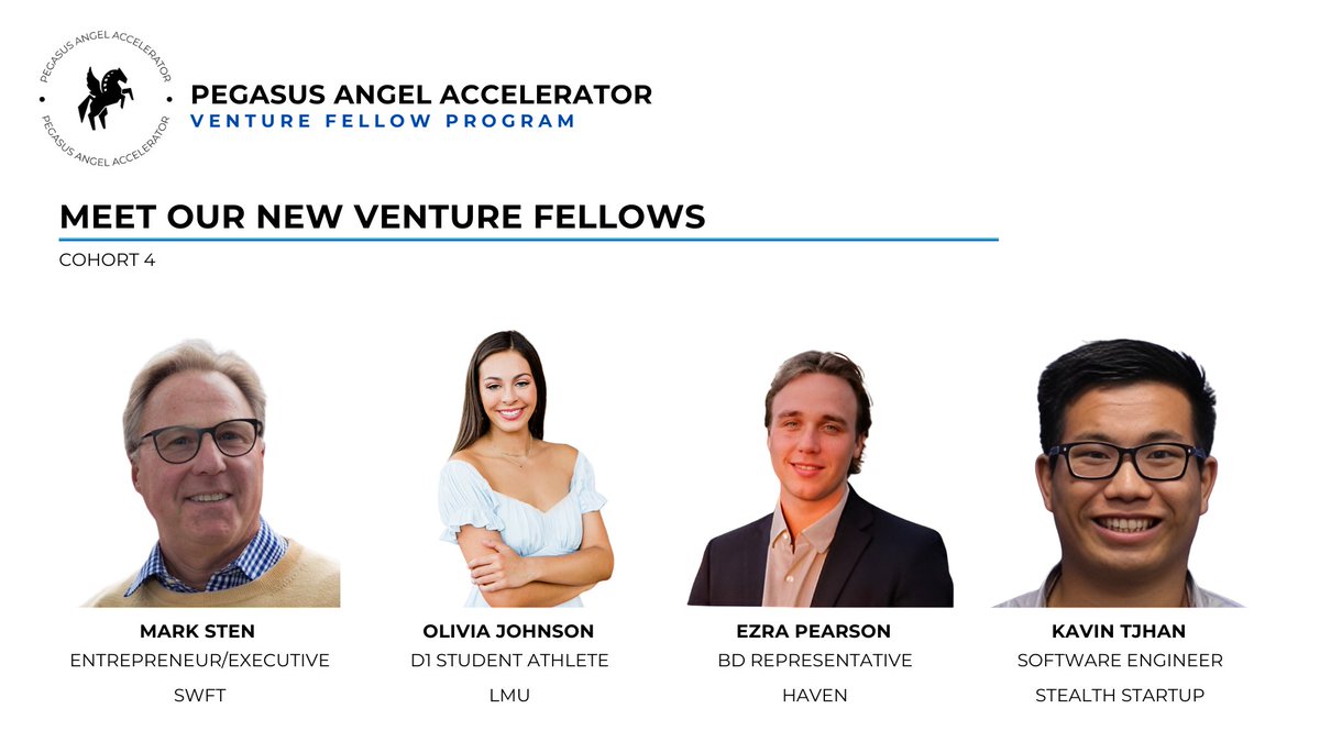 1752vc's tweet image. 𝗠𝗲𝗲𝘁 𝗢𝘂𝗿 𝗡𝗲𝘄 𝗩𝗲𝗻𝘁𝘂𝗿𝗲 𝗙𝗲𝗹𝗹𝗼𝘄𝘀!

Pegasus&apos; Venture Fellow program provides hands-on education in venture capital through live, discussion-based sessions led by our founding partner, Lucas J. Pols 📈

MARK STEN
Olivia Johnson
Ezra Pearson
Kavin Tjhan