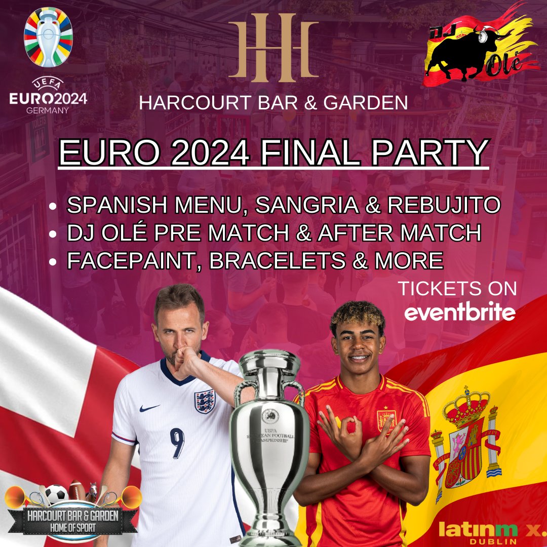 Euro 24 Final Party ⚽

The event of the Summer is in The Harcourt Bar &amp; Garden this Sunday! 🎉

eventbrite.ie/e/espana-vs-in…

#party #fiesta #football #euros #spain #england #final #watchfinal #drinkdeals