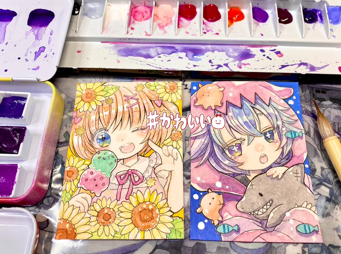 ATCサイズ2枚出来た。かわよい( ੭•͈ω•͈)੭💕
 #初夏の夏色便展 #透明水彩 
