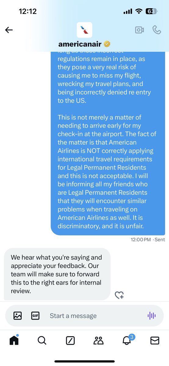 eudoryfishie's tweet photo. Screenshot 2 of @AmericanAir having zero sense of urgency or understanding that they are discriminating against legal permanent residents, and causing them to risk their entire travel plans being derailed because they don’t have correct understanding of federal regs. https://t.co/0SvgMPG1oZ