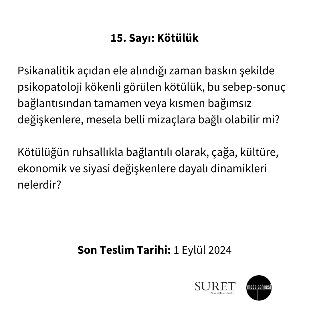 SURET Psikokültürel Analiz'in 15. ve 16. sayıları için yazılarınızı bekliyoruz. Bu paylaşımda önümüzdeki iki sayıya ait dosya konularını ve yazılar için son teslim tarihlerini bulabilirsiniz.