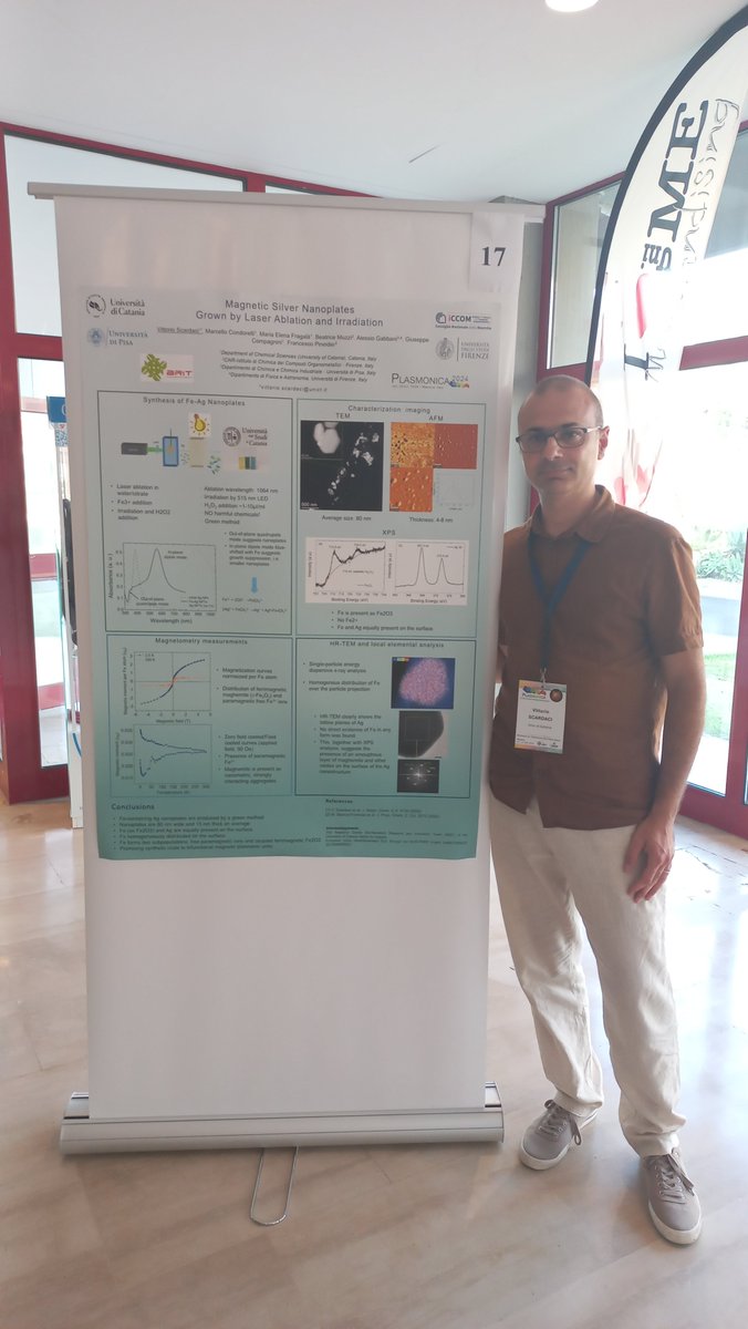 LFSN_group's tweet photo. Vittorio Scardaci @vs80dub presenting the poster on magnetic Ag nanoplates at #PLASMONICA2024 @PLAS https://t.co/QRZKA6Yndh