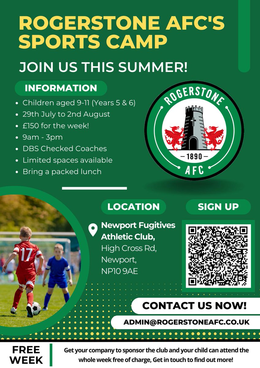 RogerstoneAFC's tweet photo. Are you looking for something for your kids to do this summer? 

Then join us for the Rogerstone AFC Sports camp at Newport Fugitives Social Club for a week of fun, fitness, and football.

Spaces are limited, so reserve your spot now! https://t.co/RxKWs4hv2U