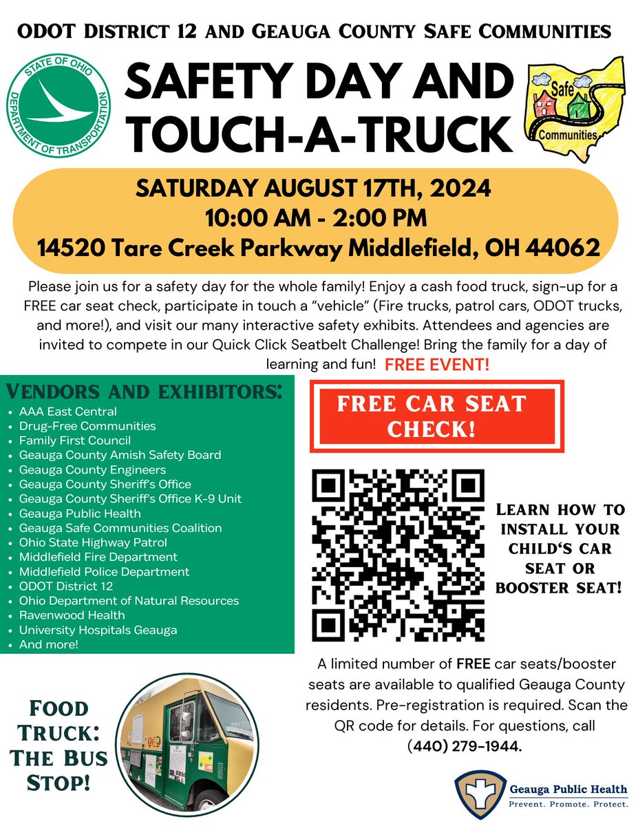 OSHP_NEOhio's tweet photo. π¨ MARK YOUR CALENDAR! π¨
Come visit us at the Geauga County Safety Day and Touch-A-Truck event in Middlefield on Saturday, Aug. 17 from 10am - 2pm. Troopers from @OSHP's Chardon Post will be there to talk about safety and assist with the #QuickClickChallenge. https://t.co/CxQJFIZwC5