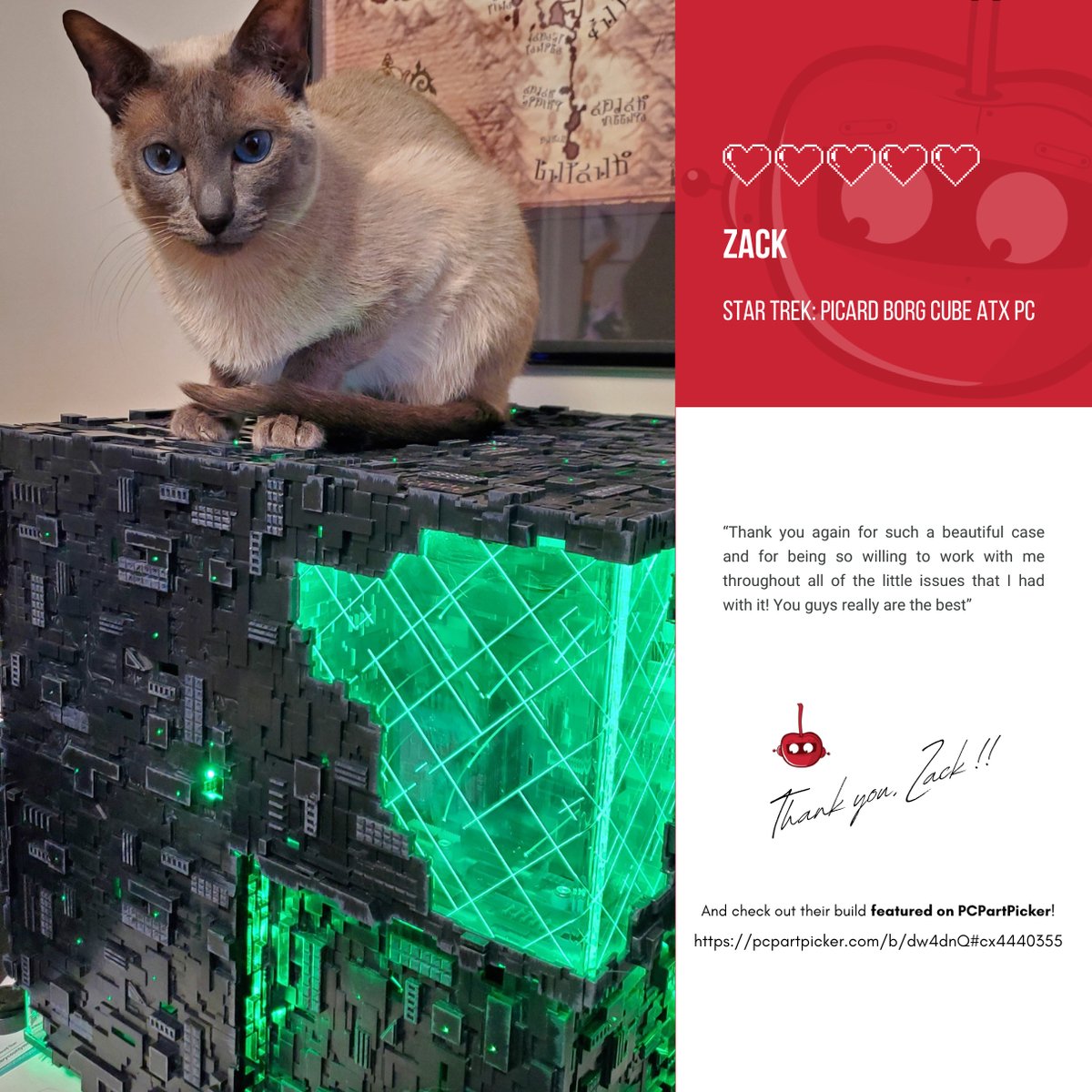 CherryTreeInc's tweet photo. You have no idea how much it means to us whenever we get messages like this from y’all ❤️ Thank you, Zack!! Check out their build featured on PCPartPicker 👉 https://t.co/DdZQjscZoY

#pc #pcgaming #pcgamer #pcmasterrace #pcpartpicker #pcbuild #startrek #borgcubepc #cherrytreeinc https://t.co/U6mv8WaqL3