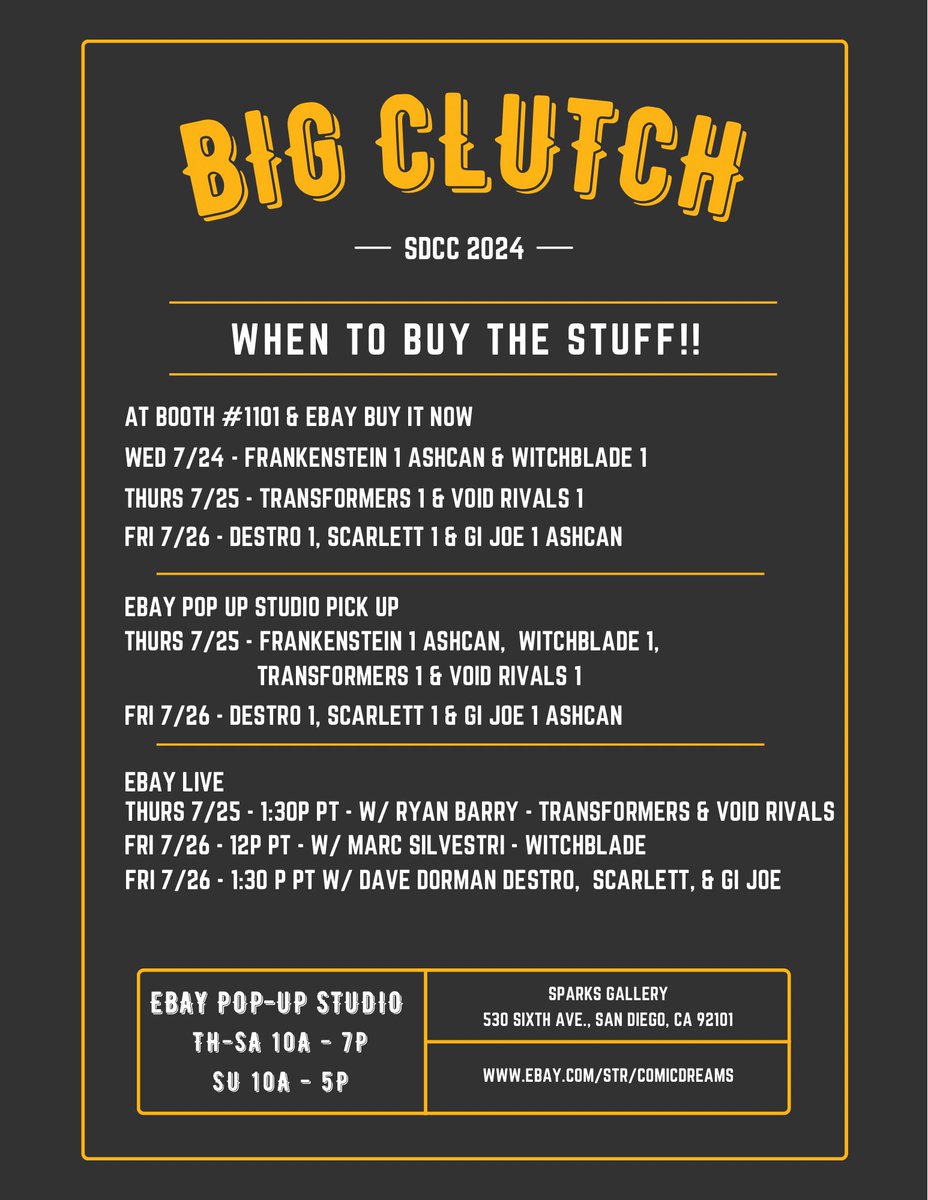 BigClutch's tweet photo. Here’s the HOW &amp; WHEN to get all the awesome SDCC variants that I’m working on with @eBay @Skybound @TopCow @ImageComics 

#sdcc #variantcomics #comiccon #ebaylive #ebay #energonuniverse #transformers #gijoe #witchblade https://t.co/7gxPYdM9Wo