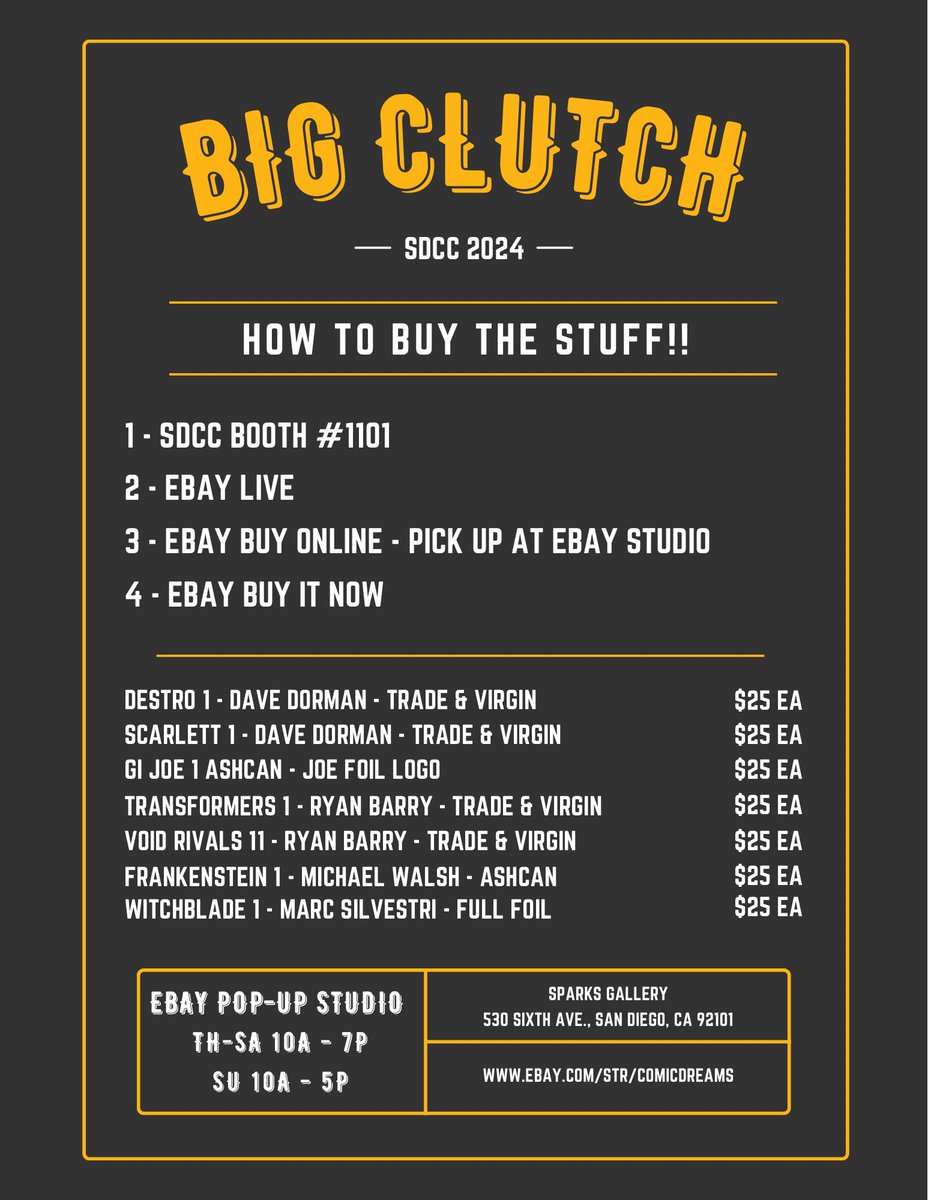 BigClutch's tweet photo. Here’s the HOW &amp; WHEN to get all the awesome SDCC variants that I’m working on with @eBay @Skybound @TopCow @ImageComics 

#sdcc #variantcomics #comiccon #ebaylive #ebay #energonuniverse #transformers #gijoe #witchblade https://t.co/7gxPYdM9Wo