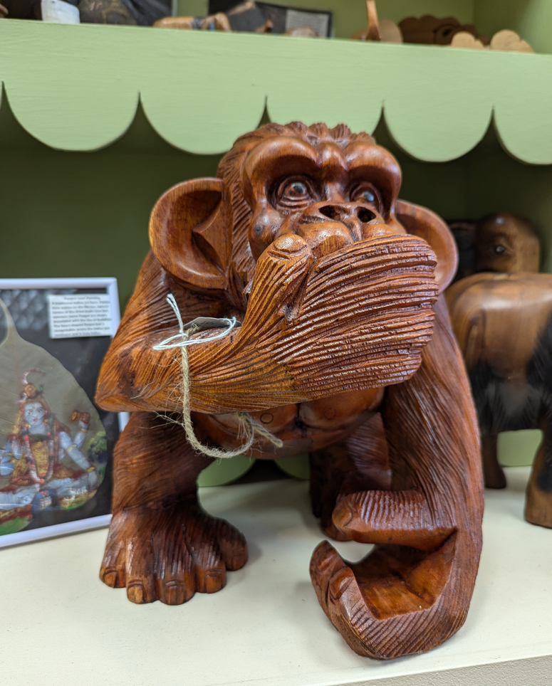 Cheeky monkey! This chimpanzee looks like he's done something naughty and can't contain his glee. This piece was hand-carved from Indian walnut in Bali.

#monkey #monkeysculpture #woodenmonkey #woodenchimpanzee #handcarvedwoodart #woodenanimalsculpture #handcarvedwoodenmonkey