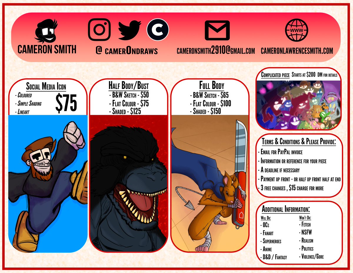 Camer0ndraws's tweet photo. Hey everyone! I'm re-opening my commissions!! 
Reach out via email or DM if you'd want me to make some awesome art for you :) 
Currently opening up six slots! Snatch up yours before they fill up!! 
Any shares or RTs would be so appreciated ❤️❤️ https://t.co/igUL4vNrZf