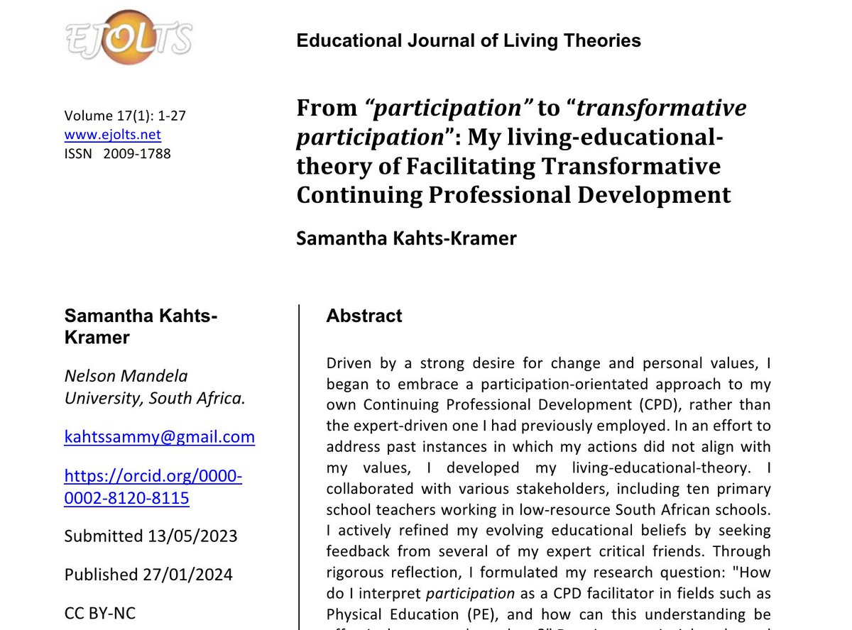 Congratulations to Sam Kahts-Kramer for her exciting paper published in EJOLTs. DOI: 10.62314/09782209 
Read it here: ejolts.net/node/402 
#LivingEducationalTheory 
<a href="/inclusivegandt/">Marie</a> <a href="/mathiology/">Brian Williamson</a> <a href="/edsajw/">Jack Whitehead</a> <a href="/YoSwaroop/">Swaroop Sampat Rawal</a>