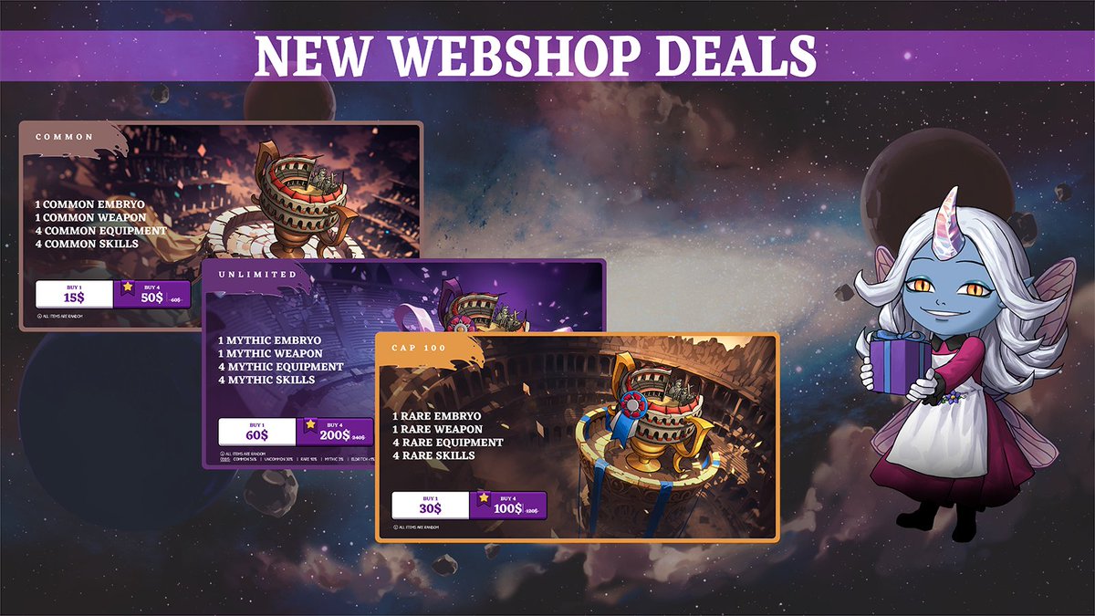 devikins_game's tweet photo. Hello Devicitizens!

Today, we're unveiling our latest hot deals in the Webshop!

We have three new packs loaded with everything you need to excel in the Arena and dominate PvP. But hurry, they're available for a limited time only, so don't miss out!

Plus, now's your chance to grab random embryos and Void Coins as items. And for an extra bonus, if you buy Void Coins with DVK, you'll get a 20% discount at checkout!