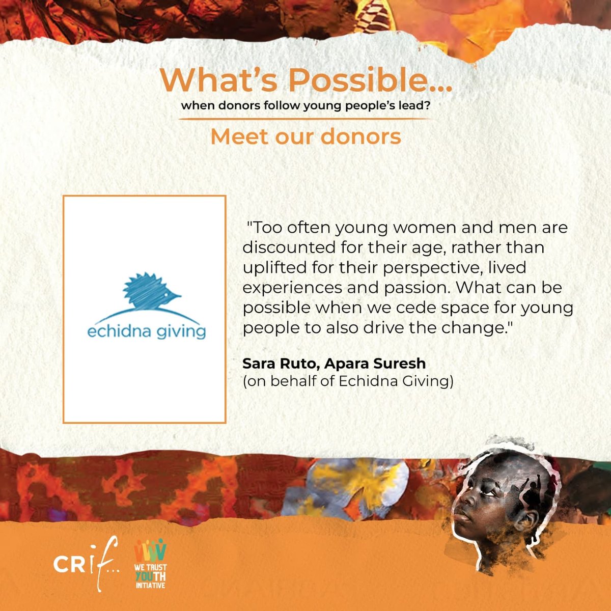 Echidna Giving (@echidnagiving) on Twitter photo Without a doubt, young people are the best experts on what they need.
Echidna Giving is incredibly honored to be participating in <a href="/crifund1/">Children's Rights Innovation Fund</a> and <a href="/wetrustyouth/">We Trust You(th) Initiative</a>'s work to showcase "What's Possible" when donors follow young people's lead.
Learn more šš¾ crifund.org/wp-content/upl⦠Without a doubt, young people are the best experts on what they need.
Echidna Giving is incredibly honored to be participating in <a href="/crifund1/">Children's Rights Innovation Fund</a> and <a href="/wetrustyouth/">We Trust You(th) Initiative</a>'s work to showcase "What's Possible" when donors follow young people's lead.
Learn more šš¾ crifund.org/wp-content/uplā¦