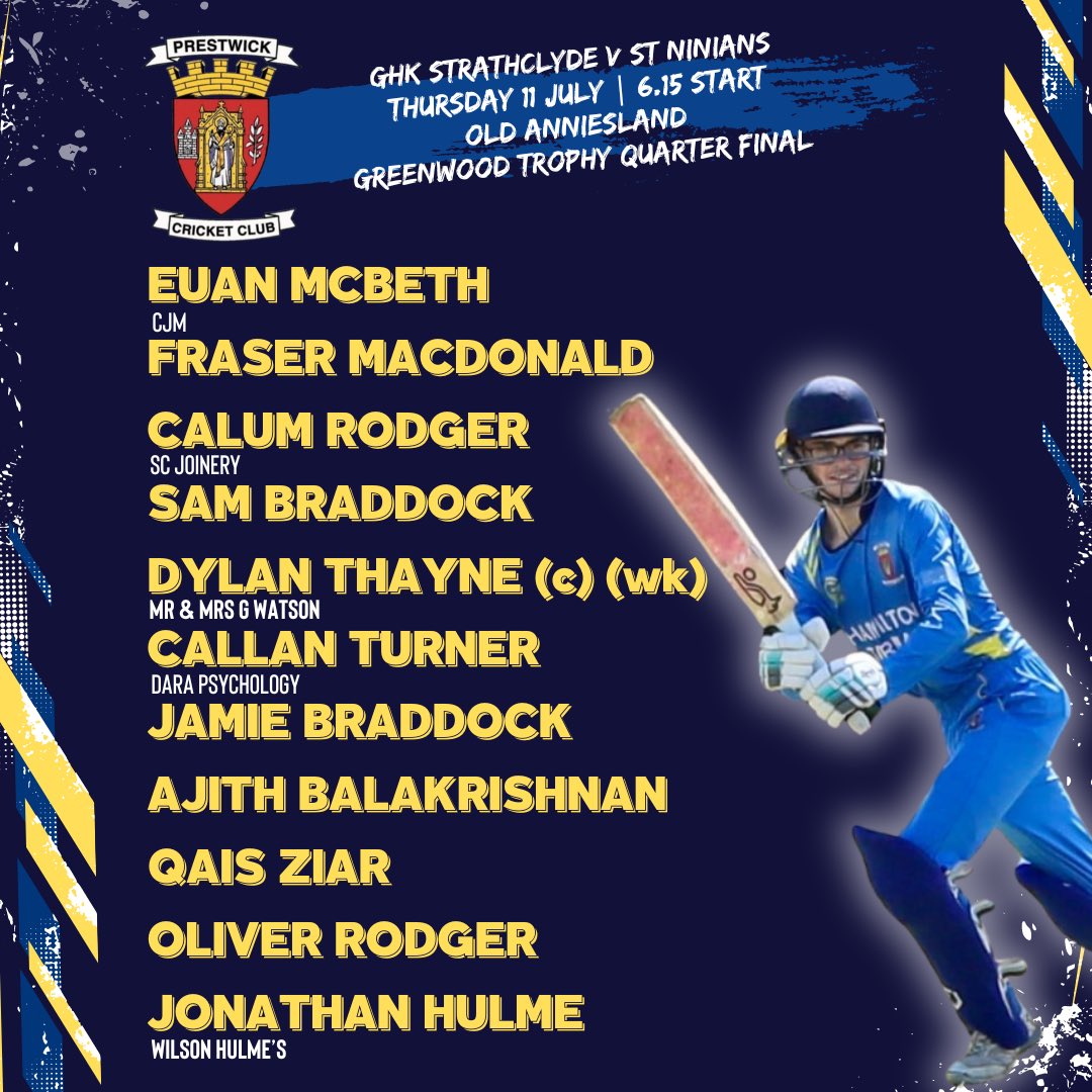 Pwick_Cricket's tweet photo. 🏏 GAME DAY

St Ninians are on the road tonight as we take on GHK Strathclyde in the quarter finals of the Greenwood Trophy. 

Live scorecard: https://t.co/uD73GoFHUt

#MTW https://t.co/Tz1hyH5sWI