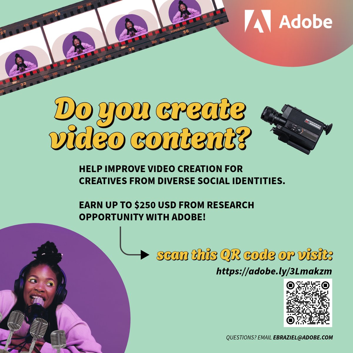 Do you create video content? Adobe's Product Equity team is looking for creatives from diverse backgrounds to share their experiences with video or animation! Please visit adobe.ly/3Lmakzm to fill out a participation form.