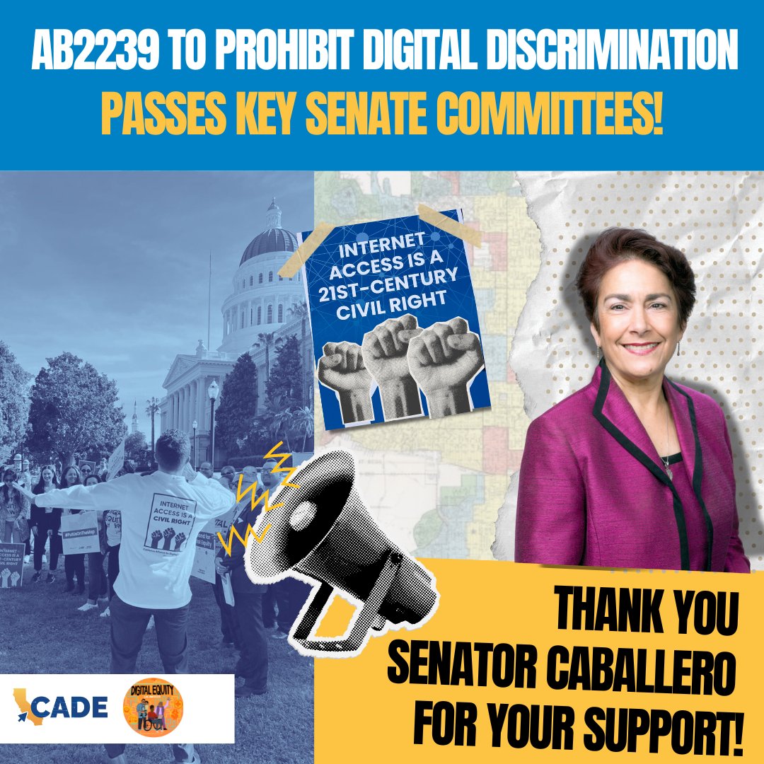 CADigitalEquity's tweet photo. Grateful to @SenatorCaballero for supporting #AB2239 in Sen. EUC and JUD! Thank you for standing by us in the fight for digital equity in CA! #DigitalEquityNOW #EndDigitalDiscrimination https://t.co/GYCUOMZthz