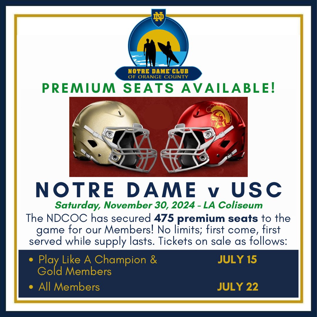 Get ready to watch the Irish defeat Southern Cal in LA!

Once again NDCOC has secured premium seat locations for our Club members, and they go on sale through the Club website starting MONDAY JULY, 15th!

#GoIrish☘️