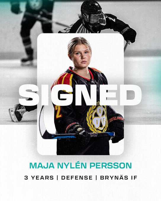 PWHL New York signed graphic. It features 2 cutouts of Maja Nylén Persson with the text “signed”. It also features Maja’s contract length, position, and previous team. It reads: 
“3 Years | Defense | Brynäs IF