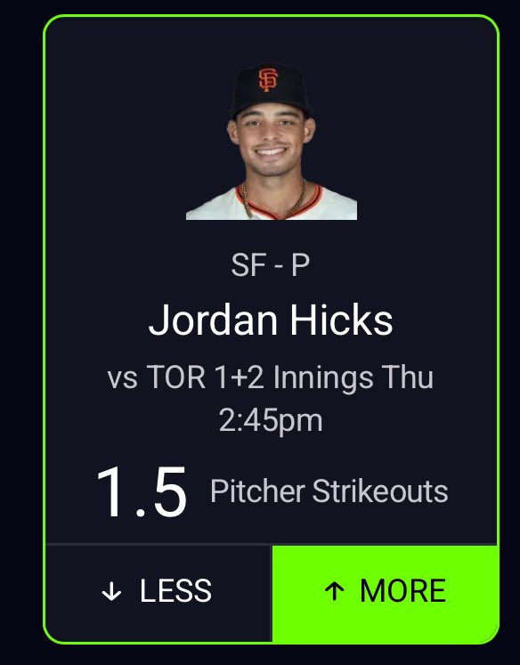 🚨🚨MLB POTD (58-19)🚨🚨
Jordan Hicks O/1.5K (LIVE)
#PrizePicks #GamblingTwitter #MLB #DFS 
($25 to someone who RT if this hits!!)