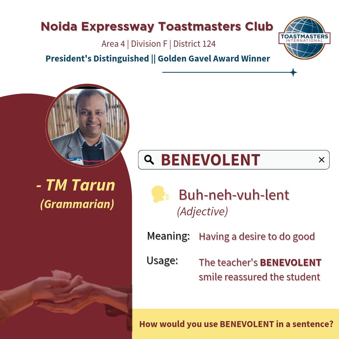 NoidaETMC's tweet photo. New Word Alert! 🤓

Word: *Benevolent* 

Meaning: Showing kindness, generosity, and care for others.

Example: "The benevolent founder of the charity dedicated her life to helping those in need." 

#toastmasters#publicspeaking #Benevolent#NETC #KindnessMatters #PositiveVibesOnly https://t.co/CeKtaaBX2E