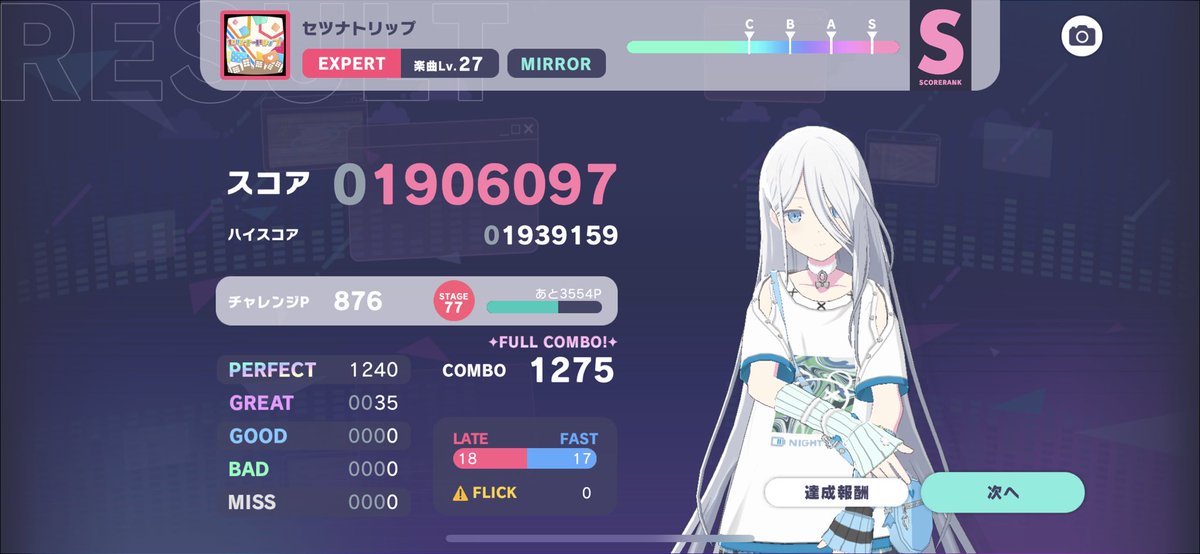 chirokana's tweet photo. ゾーン入ったな
EXフルコン405曲目

あんだけできなかったギターソロの所がすんなりいけた

セツナトリップとの出会いはサンボルだったかな。DIVA行列で遊べない時にちょっと遊んでた。もう近所にないけど調べたらまだサンボルってあるんだね https://t.co/sQOkbgtQbd