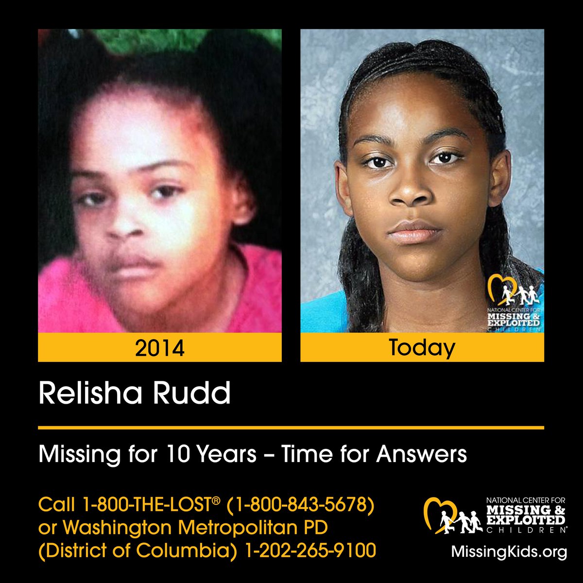 NCMEC's tweet photo. Today is Relisha Rudd Awareness Day.  
Relisha was only 8 when she was last seen on March 1, 2014, in Washington, DC. Her photo is shown age-progressed to what she might look like today at 18.  

We’ll never stop searching for you. @WashProbs
@nbcwashington @dcpolicedept @fox5dc
