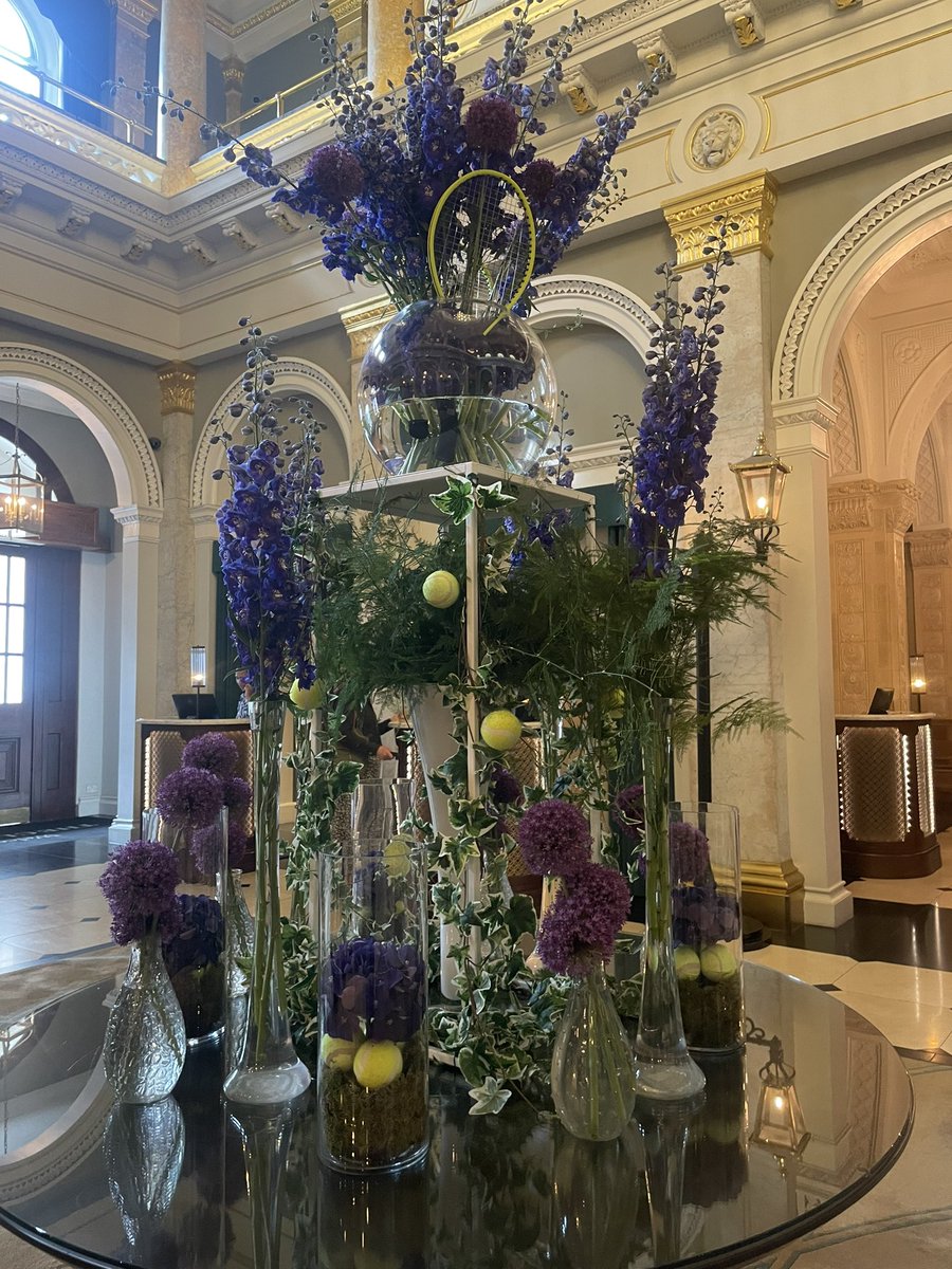 CarinaBrien's tweet photo. When Wimbledon is on this is how my hotel lobby in London is dressed 💜💚🎾 #anyoneforPimms https://t.co/PSkbAXdjtW