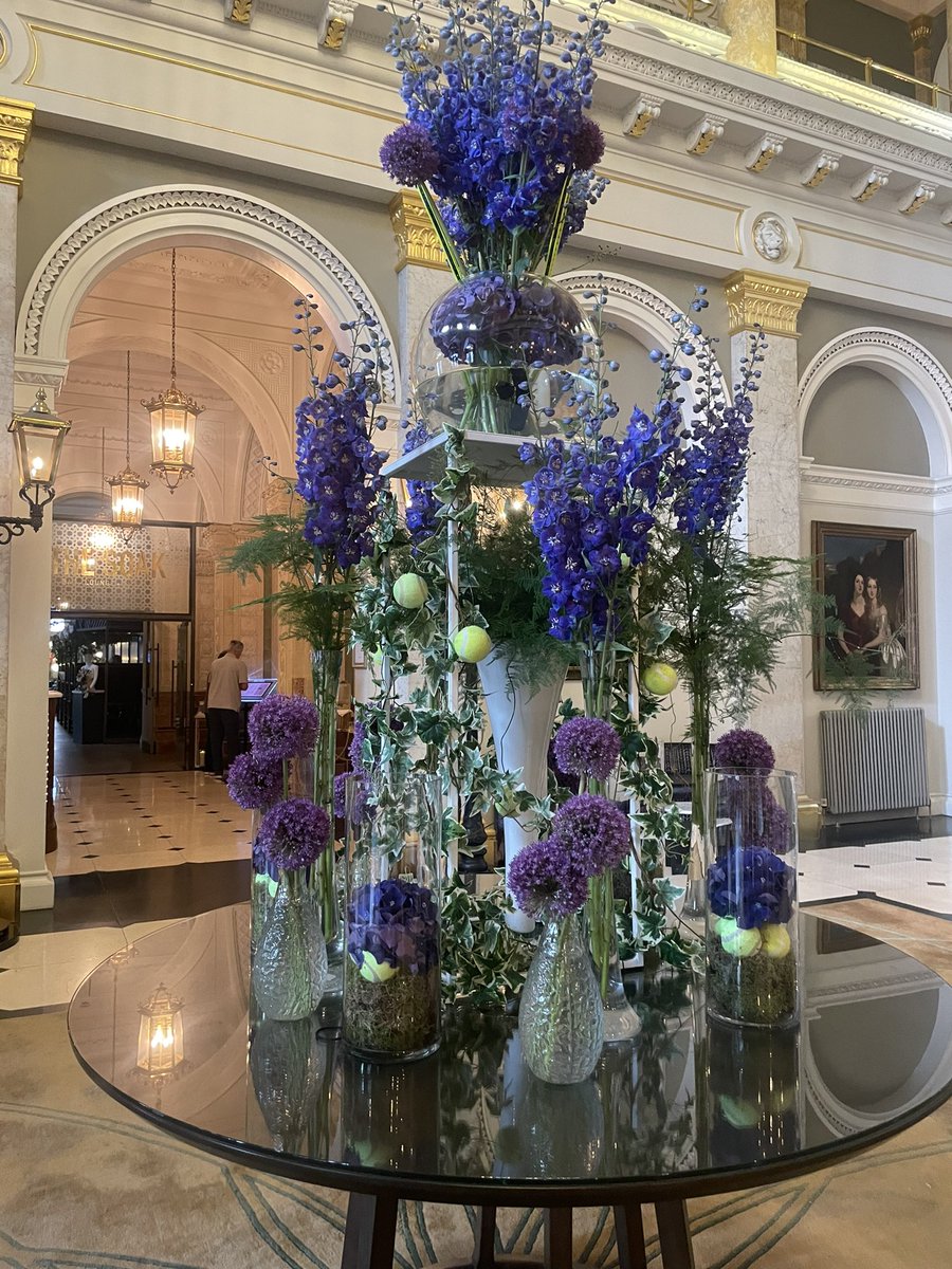 CarinaBrien's tweet photo. When Wimbledon is on this is how my hotel lobby in London is dressed 💜💚🎾 #anyoneforPimms https://t.co/PSkbAXdjtW