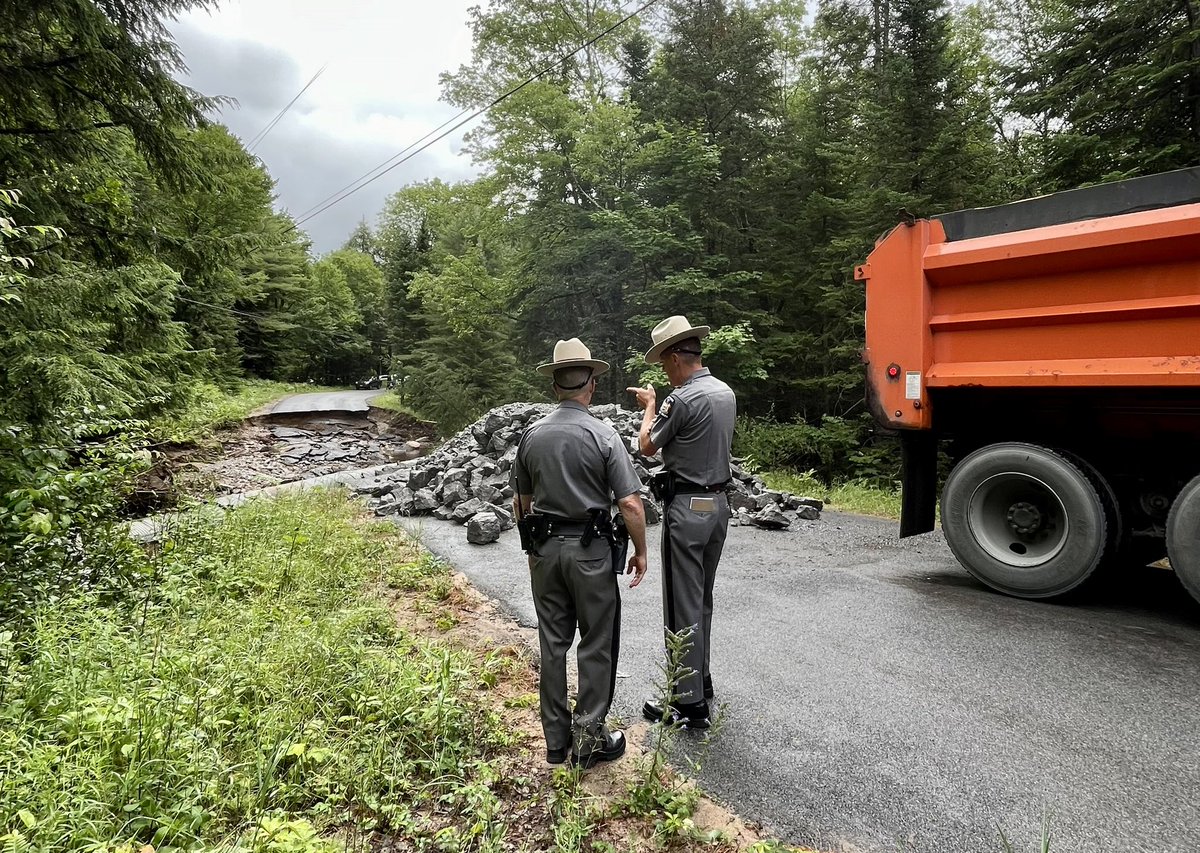 nyspolice's tweet photo. Lewis County: State Police continue to assess the flooding damage in the town of Watson.  The flooding has subsided but Buck Point Road near Beaver Lake  is not passable. https://t.co/ZC65O2zFTY