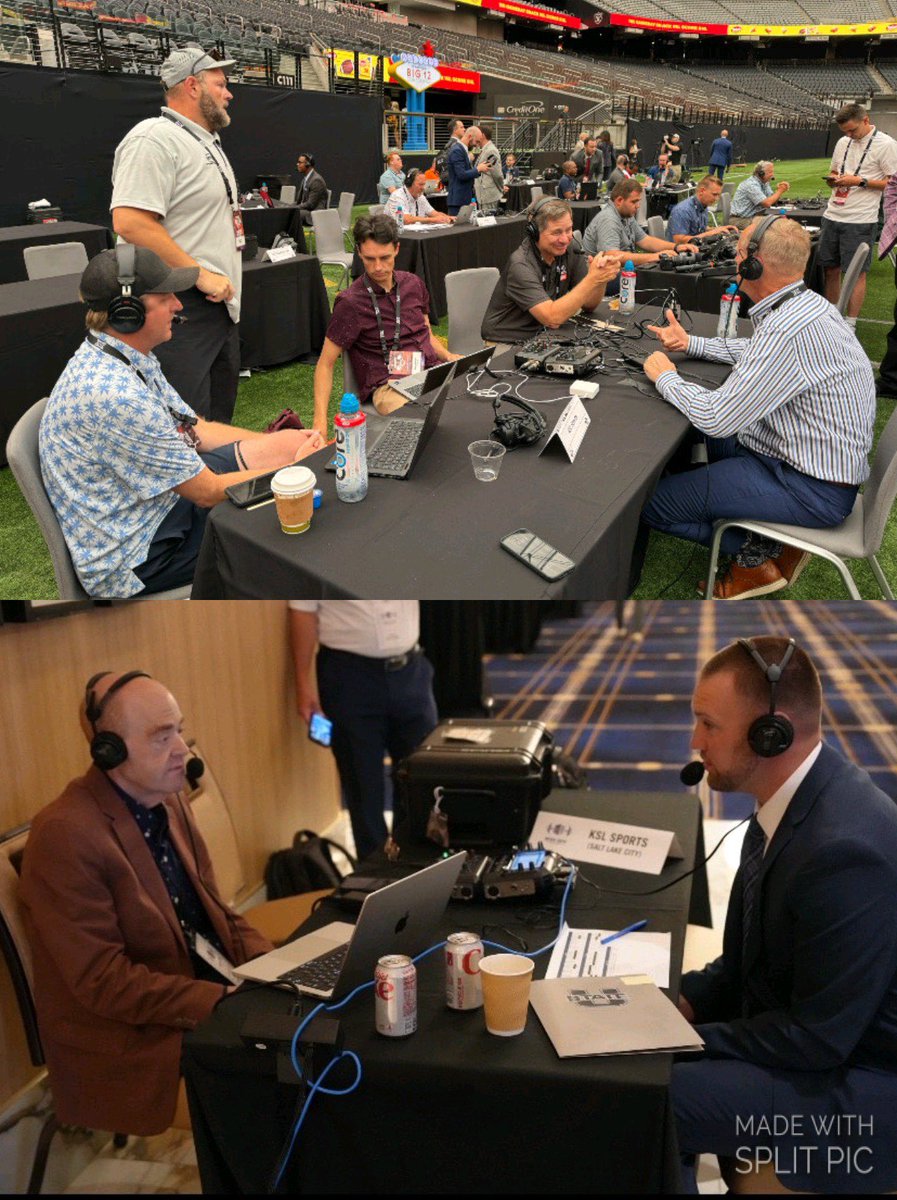 Edavidfrost's tweet photo. @KSLSportsZone covering the Mtn west media day vs Big 12 media day. The Mtn west has @ScottyGZone in a hallway off Fremont street while the big 12 has @JakeScottZone @BensHoops @PKKinahan living the good life. https://t.co/P3BkLaxuBc
