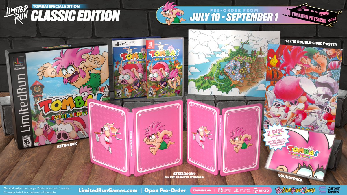 Today's the day! We're ready to reveal our entire Tomba! Special Edition physical collection 🐽

First up is the Classic Edition, which includes a SteelBook, poster, and the original and Special Edition remastered soundtracks in a retro box based on Tomba's original release!