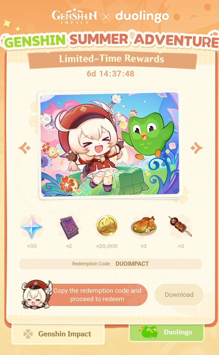ellie09_h's tweet photo. GENSHIN X DUOLINGO!!
CODE: DUOIMPACT
https://t.co/IwD8GMwyxh
#GenshinImpact #Duolingo #genshincode https://t.co/e2oB3zE3Tg