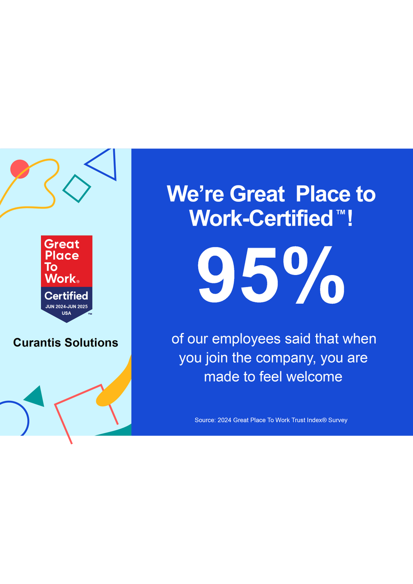 CurantisHMS's tweet photo. 95% of employees at Curantis Solutions say it is a great place to work compared to 57% of employees at a typical U.S.-based company. We are thrilled to have the honor of being Great Places to Work certified. https://t.co/n0MgzaTdaH