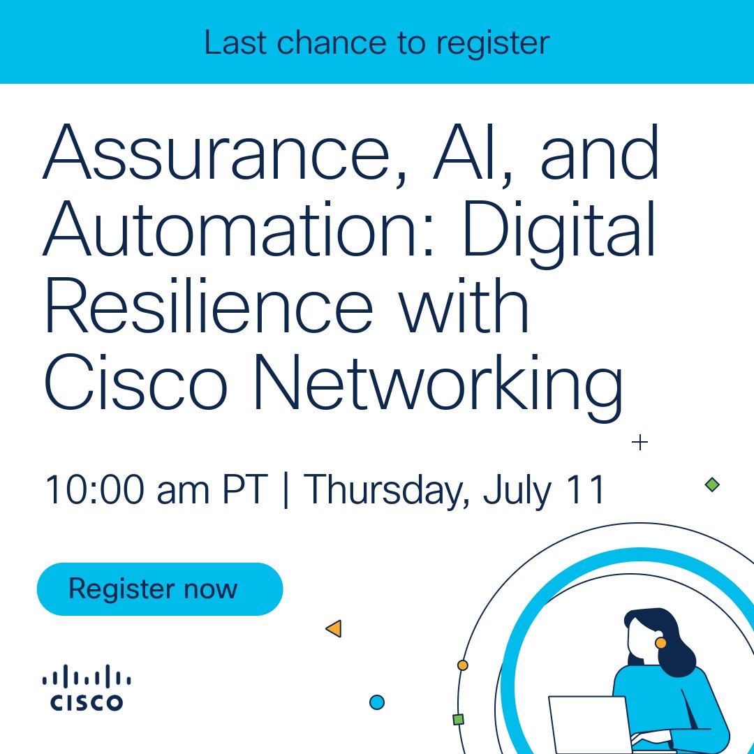 CiscoNetworking's tweet photo. 🚨Live #CiscoChat starting soon 🚨
Join Cisco experts Greg Owens, Angelique Medina, Grant Shirk, and Donyel Williams-Jones for a discussion on Cisco Networking's latest innovations.
Livestream here ⬇️
https://t.co/0p0BvxVsFk
#CiscoNetworking https://t.co/hWY4Na2tHZ