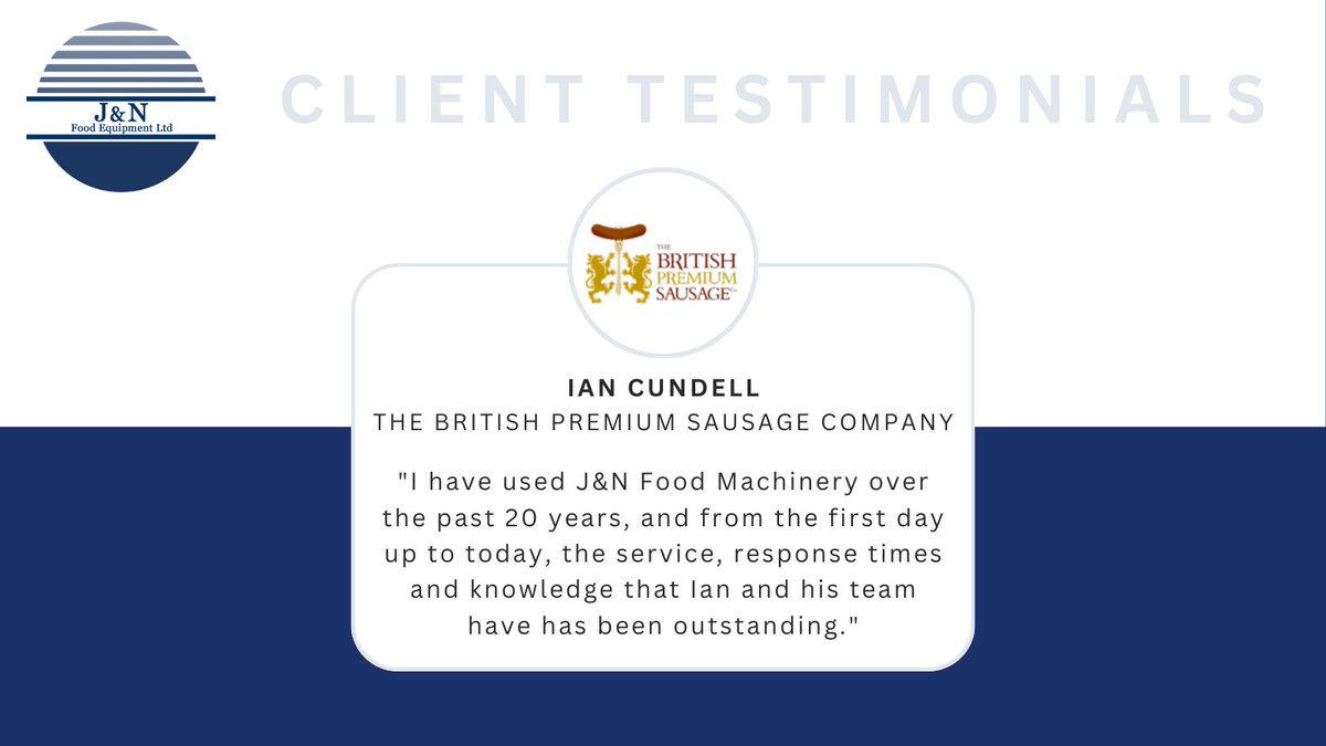 JNFoodEquipment's tweet photo. We're thrilled to hear Ian from The British Premium Sausage Company has had such a positive experience with J&amp;N Food Machinery for the past 20 years⭐

View our products here: https://t.co/9dfDuTpQEF 

#HappyCustomer #Testimonials #FoodEquipment #Butchers https://t.co/SlEI6FS1KN