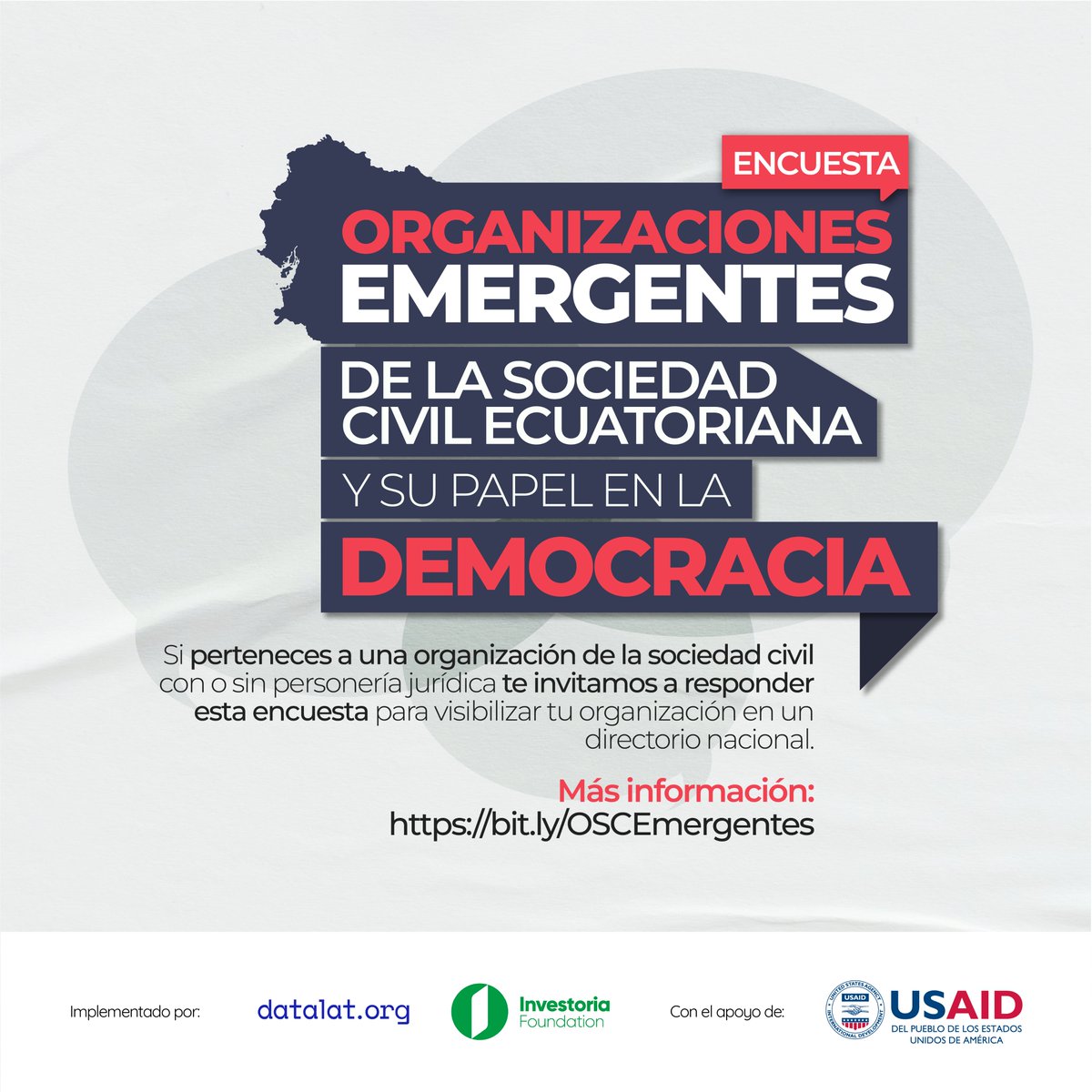 ¿Formas parte de una #organizacióndelasociedadcivil? ✊🇪🇨
¡Llena nuestra encuesta y destaca en nuestro directorio de #OSC emergentes. 

Obtén: ✅ Oportunidades de colaboración ✅ #Cursos GRATIS en diseño, financiamiento y habilidades digitales
👉 bit.ly/OSCEmergentes