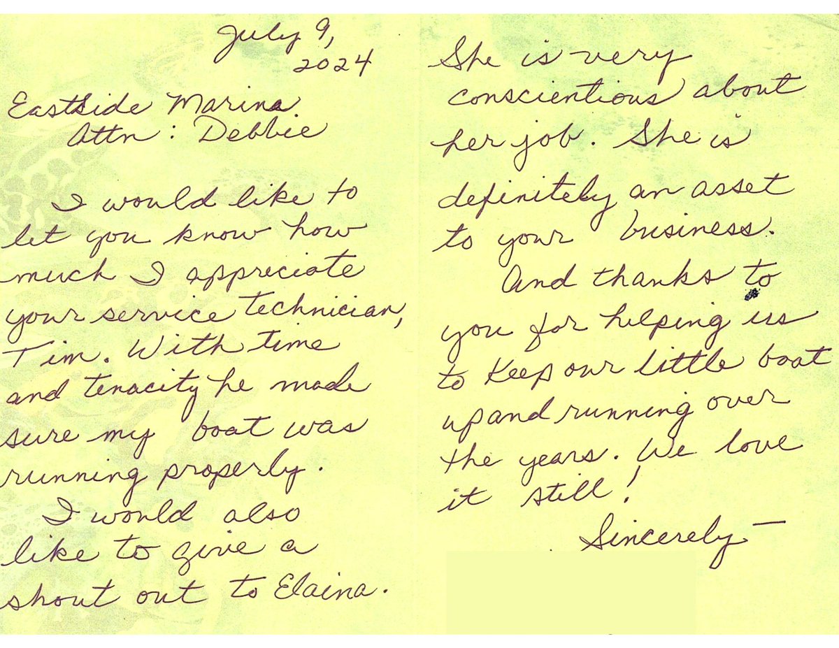EastSideMarine's tweet photo. We're beaming w/ pride after receiving this heartwarming card! ✨ A huge thank you to our amazing team members for their dedication &amp; exceptional service. We're so grateful for customers like you who share your positive experiences with us. Your loyalty means the world! #ESMBoats https://t.co/YKHEC8BsEJ