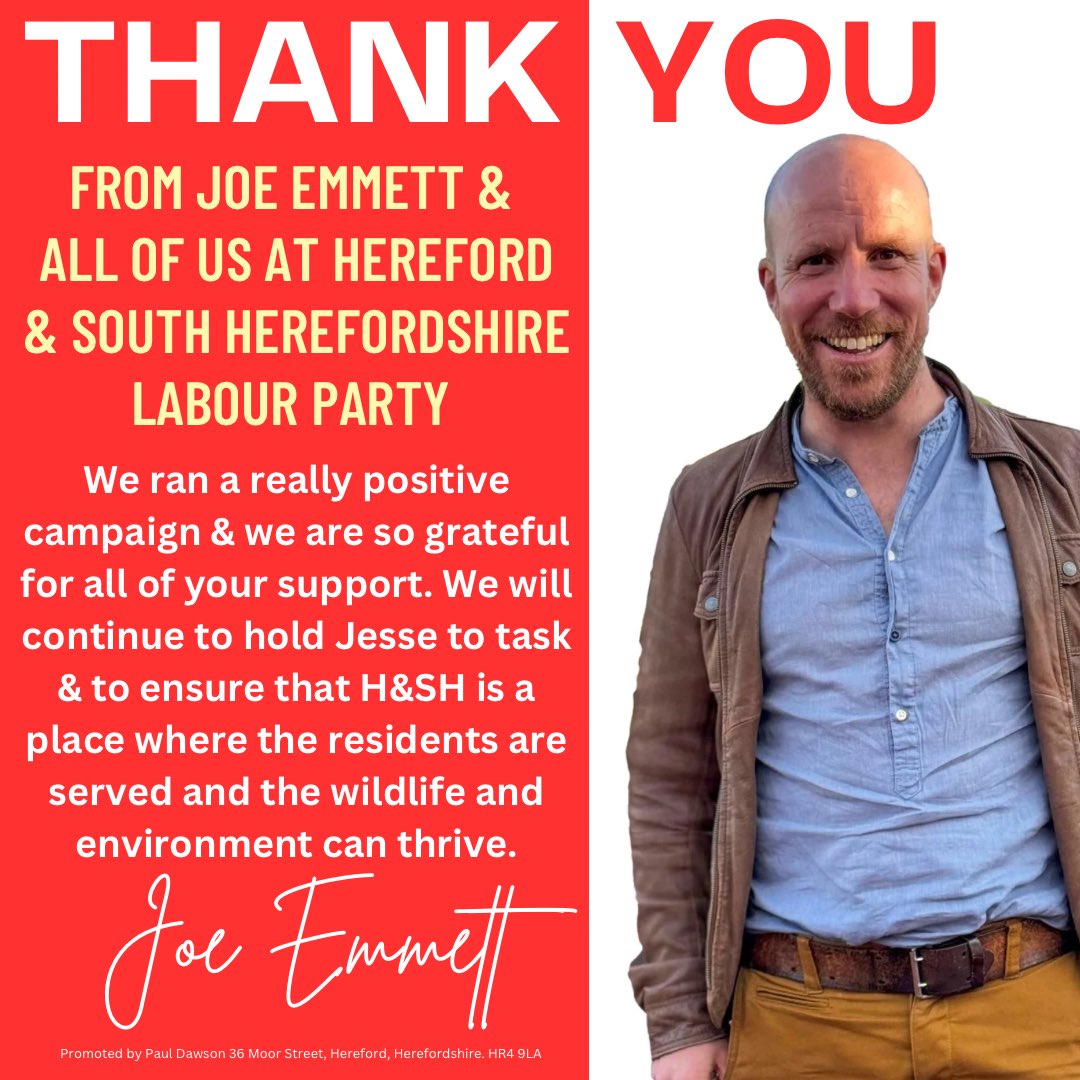 Hereford and South Herefordshire Labour Party (@herefordlabour) on Twitter photo A brilliant campaign indeed by <a href="/JosephEmmett10/">Joseph Emmett</a> & Our Team ❤️
Also…
🌹Concluding proof that #Labour are the challengers here in #Hereford & South #Herefordshire (3rd Election in a row in 2nd place)
🗳️That the <a href="/herefordlibdems/">Hereford Lib Dems 🔶</a> aren’t
🏆 Next time we WILL Win
<a href="/bbchw/">BBC Hereford & Worcester</a> #change A brilliant campaign indeed by <a href="/JosephEmmett10/">Joseph Emmett</a> & Our Team ❤️
Also…
🌹Concluding proof that #Labour are the challengers here in #Hereford & South #Herefordshire (3rd Election in a row in 2nd place)
🗳️That the <a href="/herefordlibdems/">Hereford Lib Dems 🔶</a> aren’t
🏆 Next time we WILL Win
<a href="/bbchw/">BBC Hereford & Worcester</a> #change