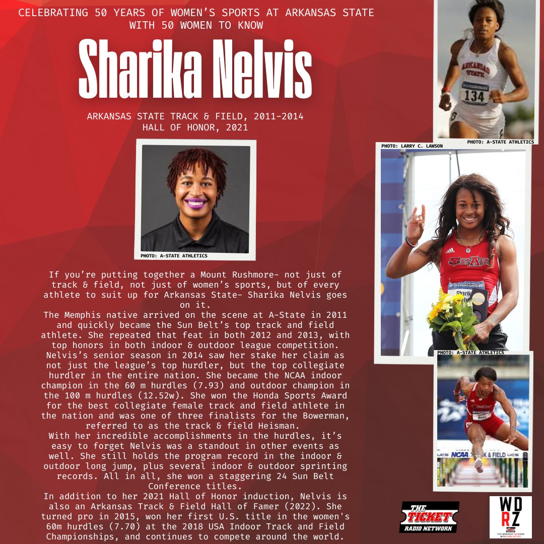 Kara_Richey's tweet photo. An all-timer of all-timers. A GOAT of GOATs. There's no shortage of ways to describe @ASTATETRACK alum Sharika Nelvis's (@Hurdle_Holic) excellence. 

She's today's focus on the list of 50 women to know to celebrate 50 years of women's sports at Arkansas State.