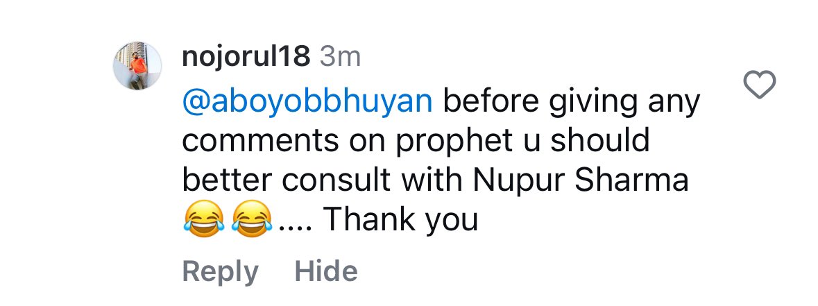 aboyobbhuyan's tweet photo. Dear flag-bearers of Secularism, because I said, I am a proud Hindu - this guy 👇 termed me ‘Andhbhakt’. When I said, I’d speak about Prophet next, he asked whether I know “what would be the consequence.”

He asked me to consult #NupurSharma to know more.

Yes, we are still a ‘secular country’. 🤡