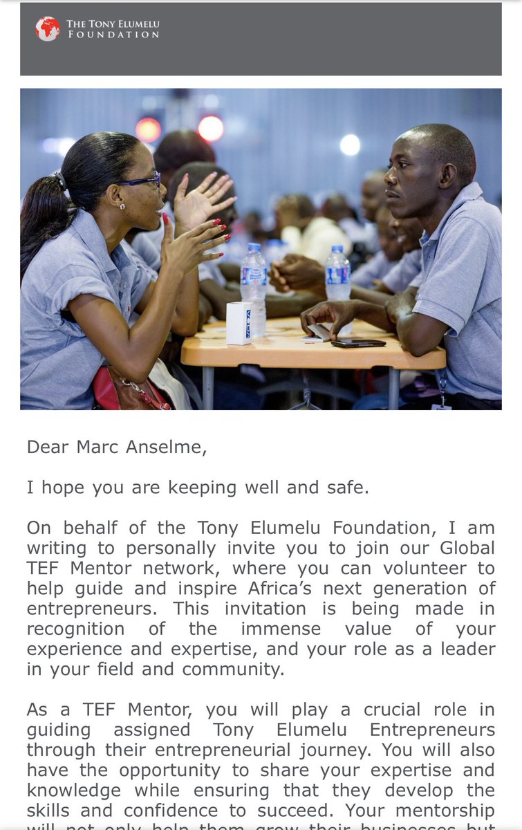 I am invited to be a mentor for the The Tony Elumelu Foundation mentorship network 2024.

It’s always a pleasure to serve.

My gratitude to
<a href="/TonyElumeluFDN/">The Tony Elumelu Foundation</a> 
<a href="/TonyOElumelu/">Tony O. Elumelu, CFR</a>