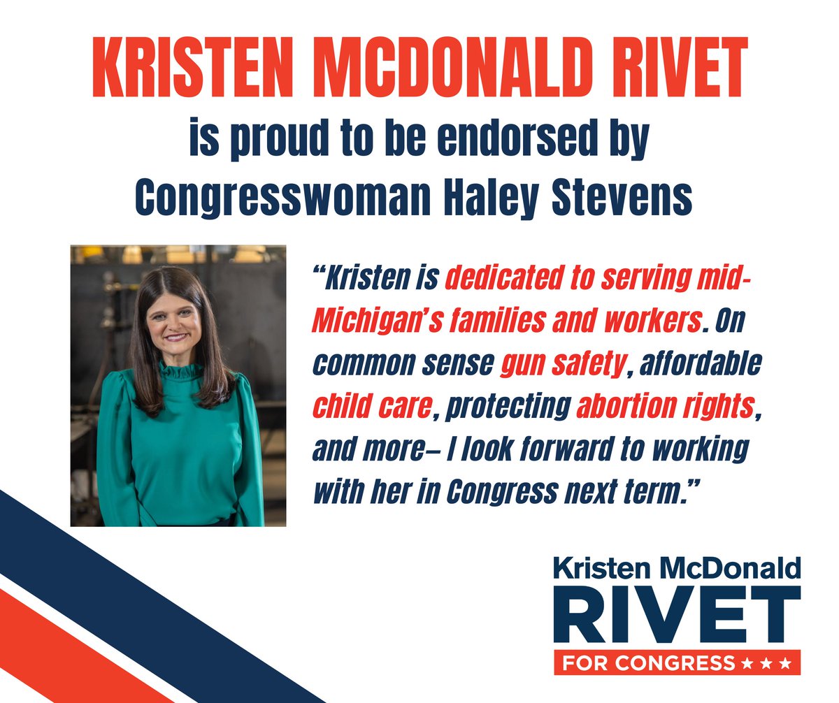 McdonaldRivet's tweet photo. Thank you for your support, Rep. @HaleyLive Stevens. When I join you in Congress, I’ll make good on your trust in me and work with you to deliver on issues that matter most to working families – lowering costs, raising wages, and protecting our hard-earned freedoms. #MI08 https://t.co/Ha32haZuN4