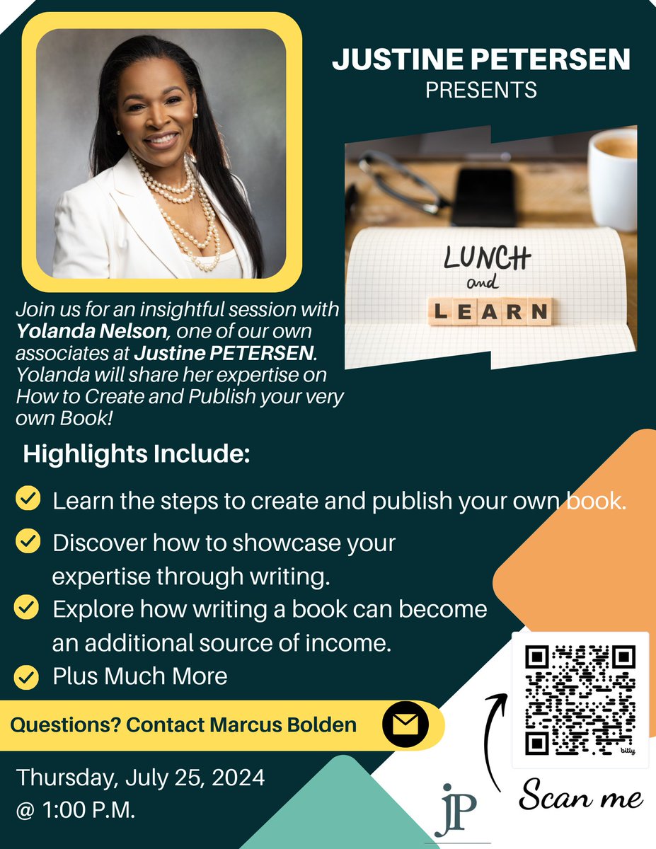 justinepetersen's tweet image. You're invited to a Lunch &amp;amp; Learn with Yolanda Nelson as she shares her expertise in "Write Your Way to Success: Publishing for Profit and Passion!"

July 25th, 2024 on Zoom

Go to bit.ly/4eVBk6y to register today!

#JustinePETERSEN  #WriteYourWay #BookCrafting