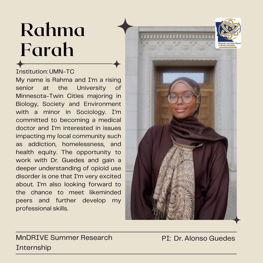 Karriemolitor's tweet photo. Congrats, to #MnDRIVE BC/@UMN_MDTA  intern, Rahma Farah (Mentor: Dr. Alonso Guedes)! She will engage in preclinical studies involving opioid use disorder with pigs &amp; rabbits models. She will learn about opioid pharmacology, respiratory physiology, anesthesiology &amp; immunology. https://t.co/l3pNKbE7j1